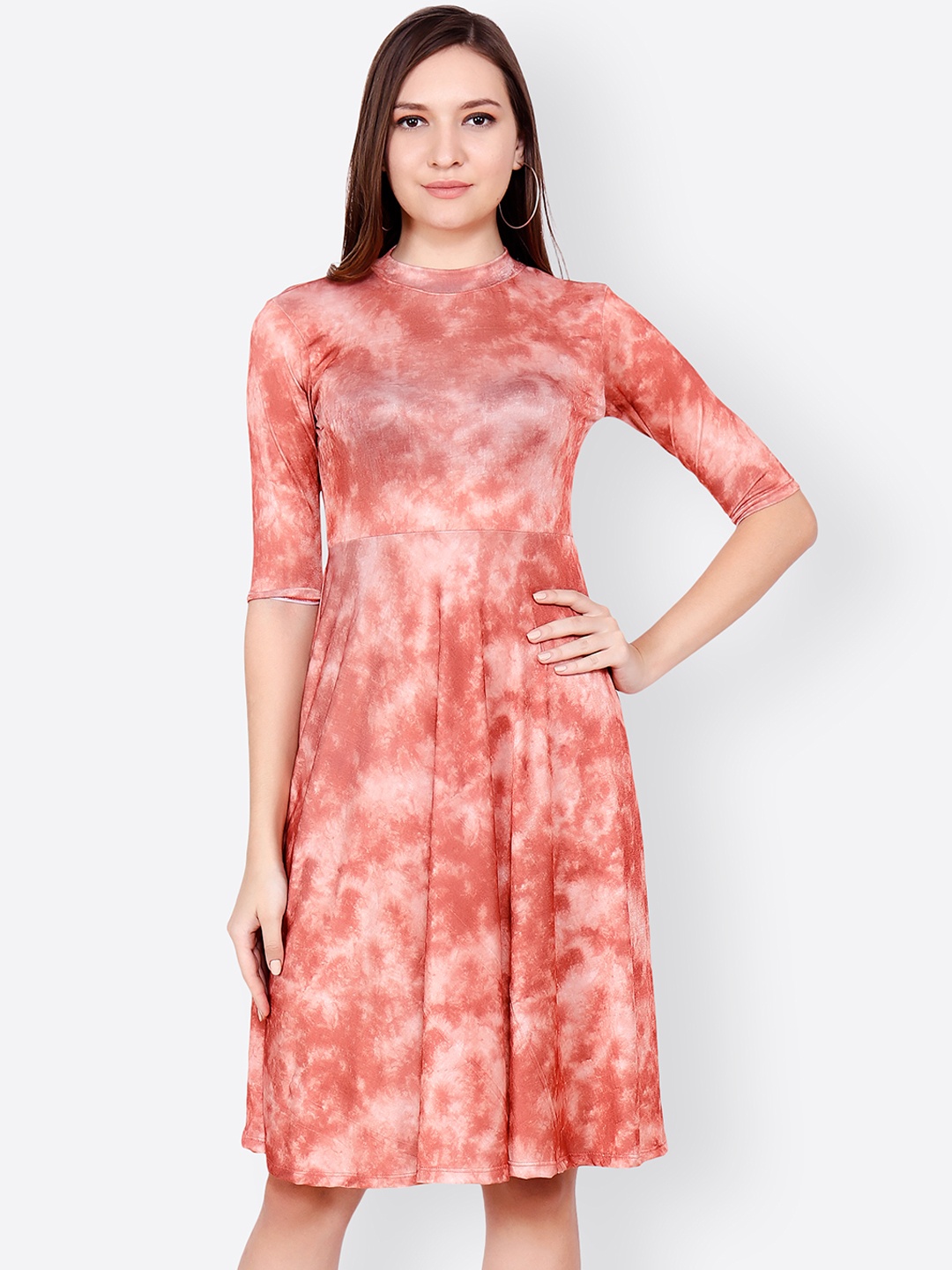 

SCORPIUS Women Peach-Coloured Dyed Fit and Flare Dress