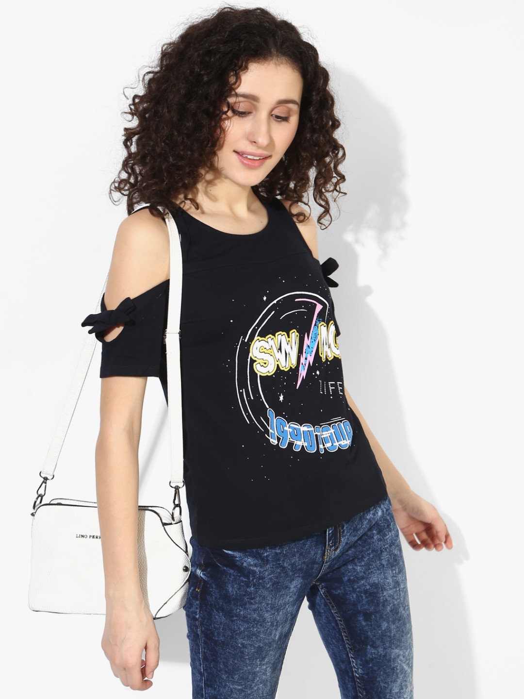 

SF JEANS by Pantaloons Printed Cold-Shoulder Cotton Top, Black