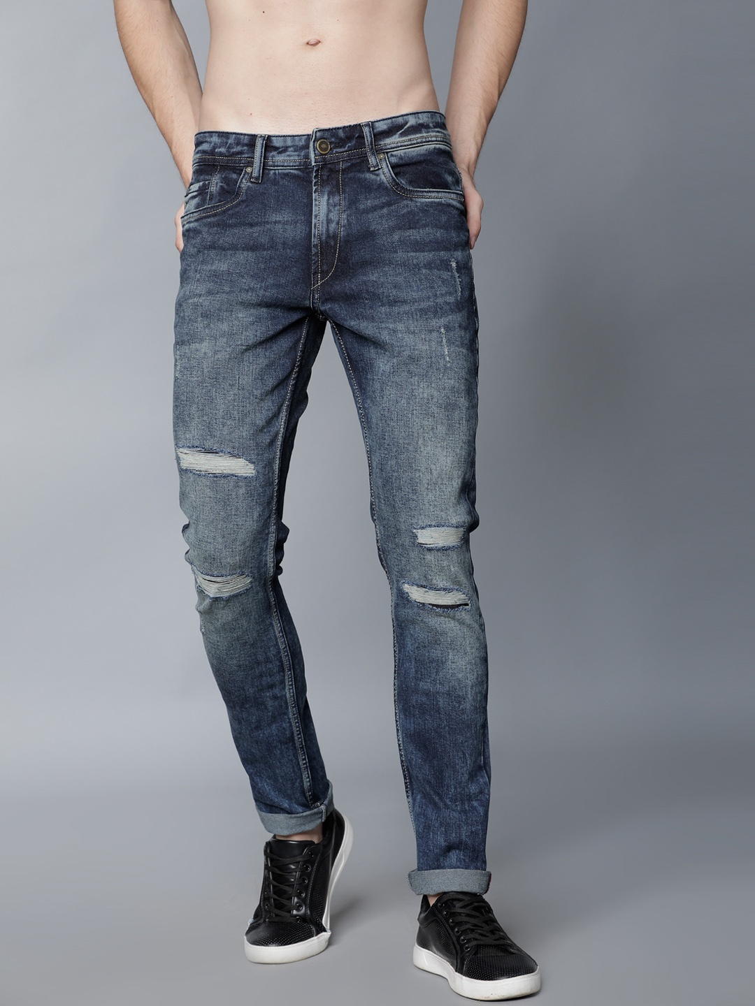 

LOCOMOTIVE Men Blue Slim Fit Mid-Rise Low Distress Stretchable Jeans