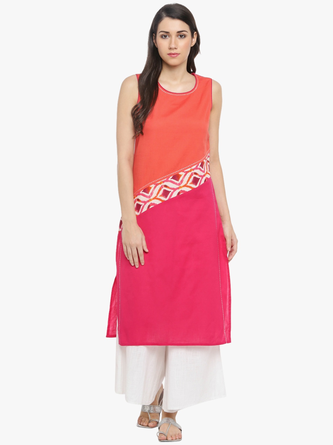 

RANGMANCH BY PANTALOONS Women Coral & Peach-Coloured Colourblocked Straight Kurta