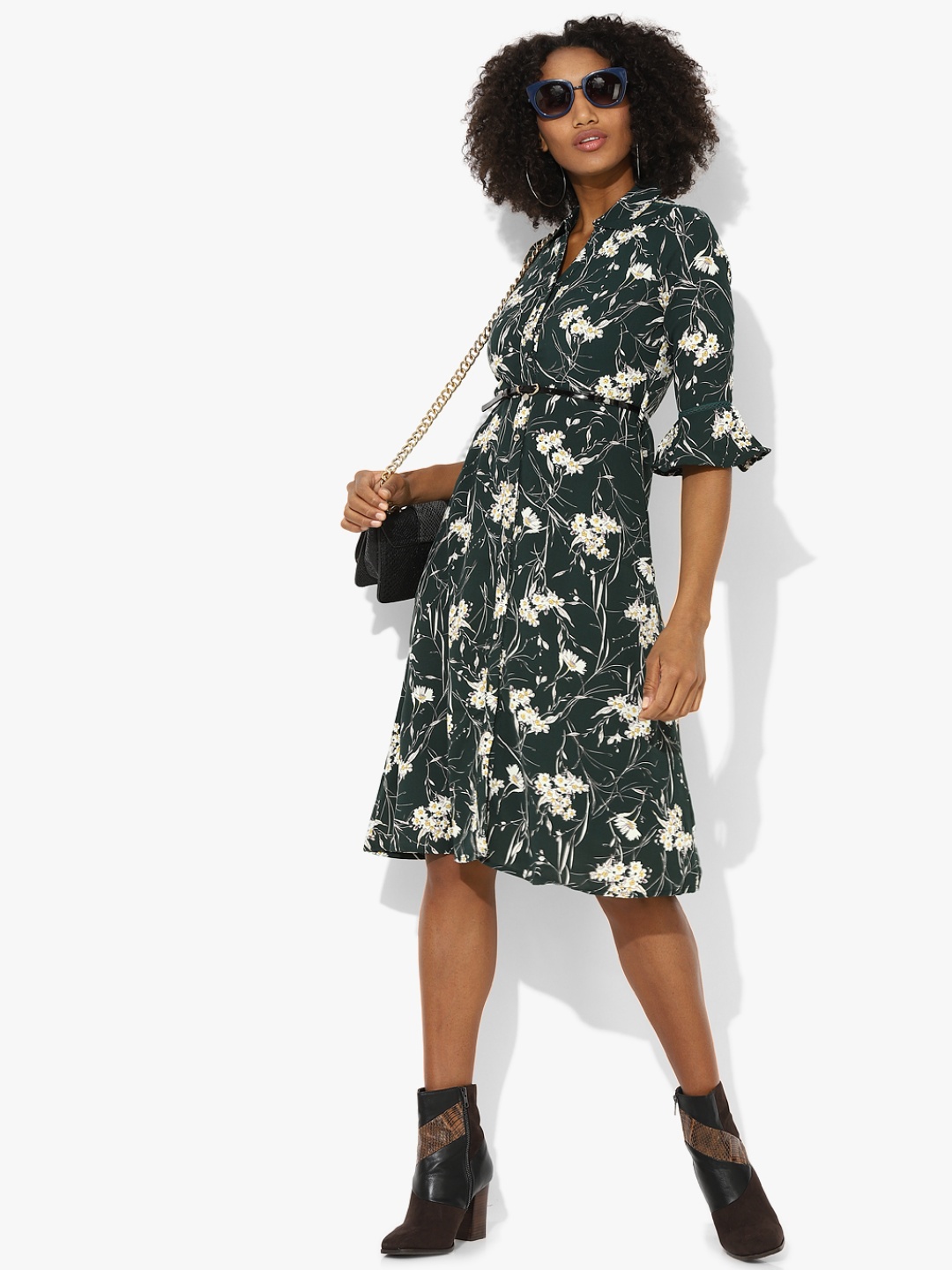 

Deal Jeans Floral Print Bell Sleeve Shirt Dress, Green