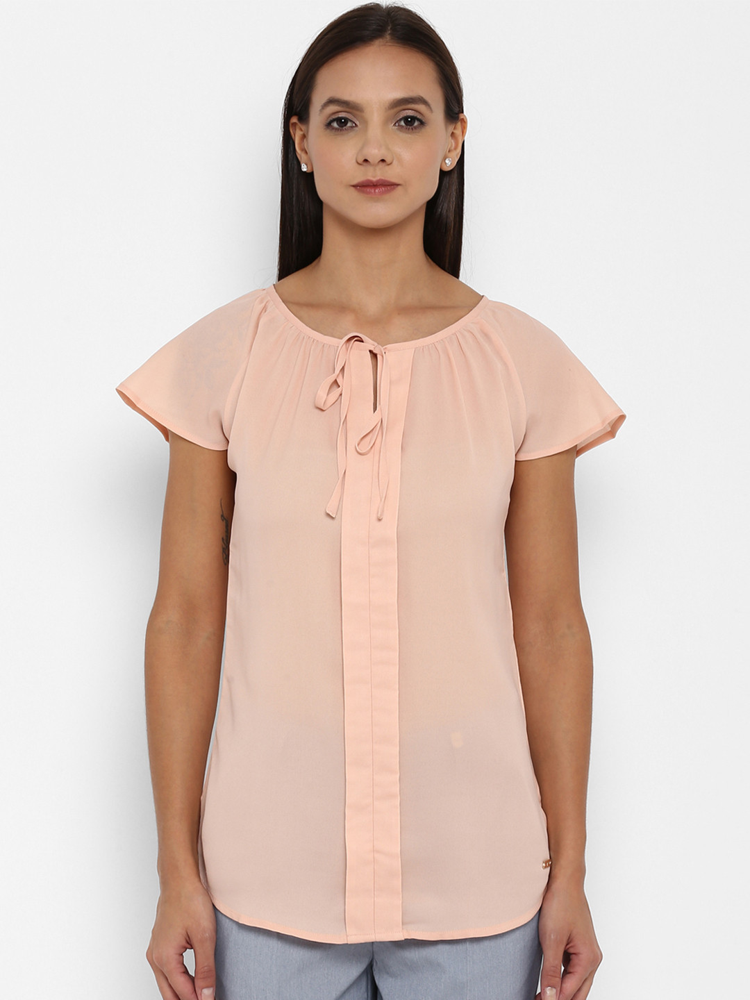 

Park Avenue Women Peach-Coloured Solid A-Line Top