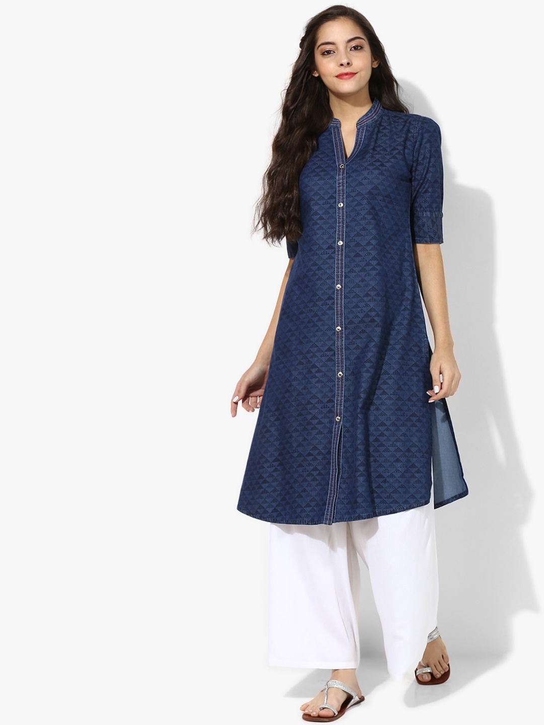 

F Loop Women Printed Pure Cotton Chambray Kurta, Navy blue