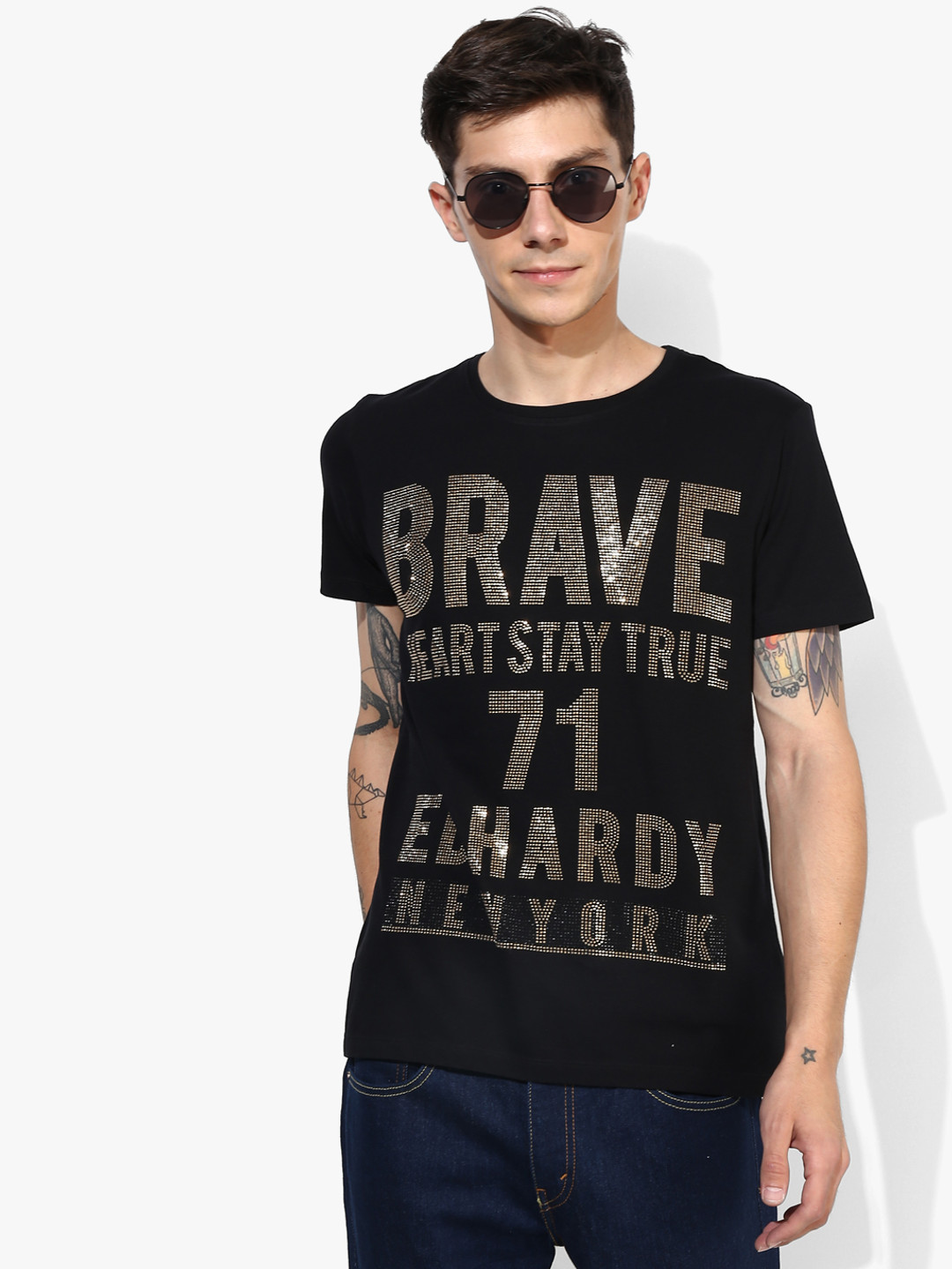 

Black Printed Slim Fit Round Neck Pure Cotton T-shirt