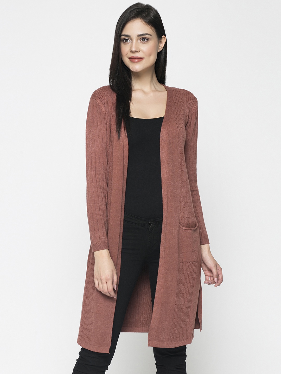

Gipsy Women Rust Brown Self Design Open Front Longline Shrug