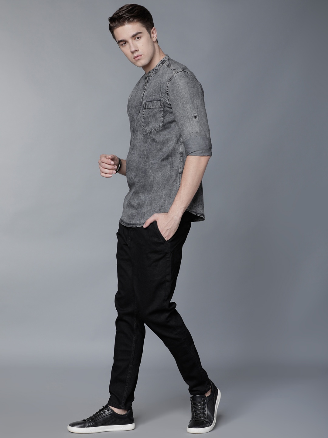 

LOCOMOTIVE Men Grey Slim Fit Faded Denim Casual Shirt