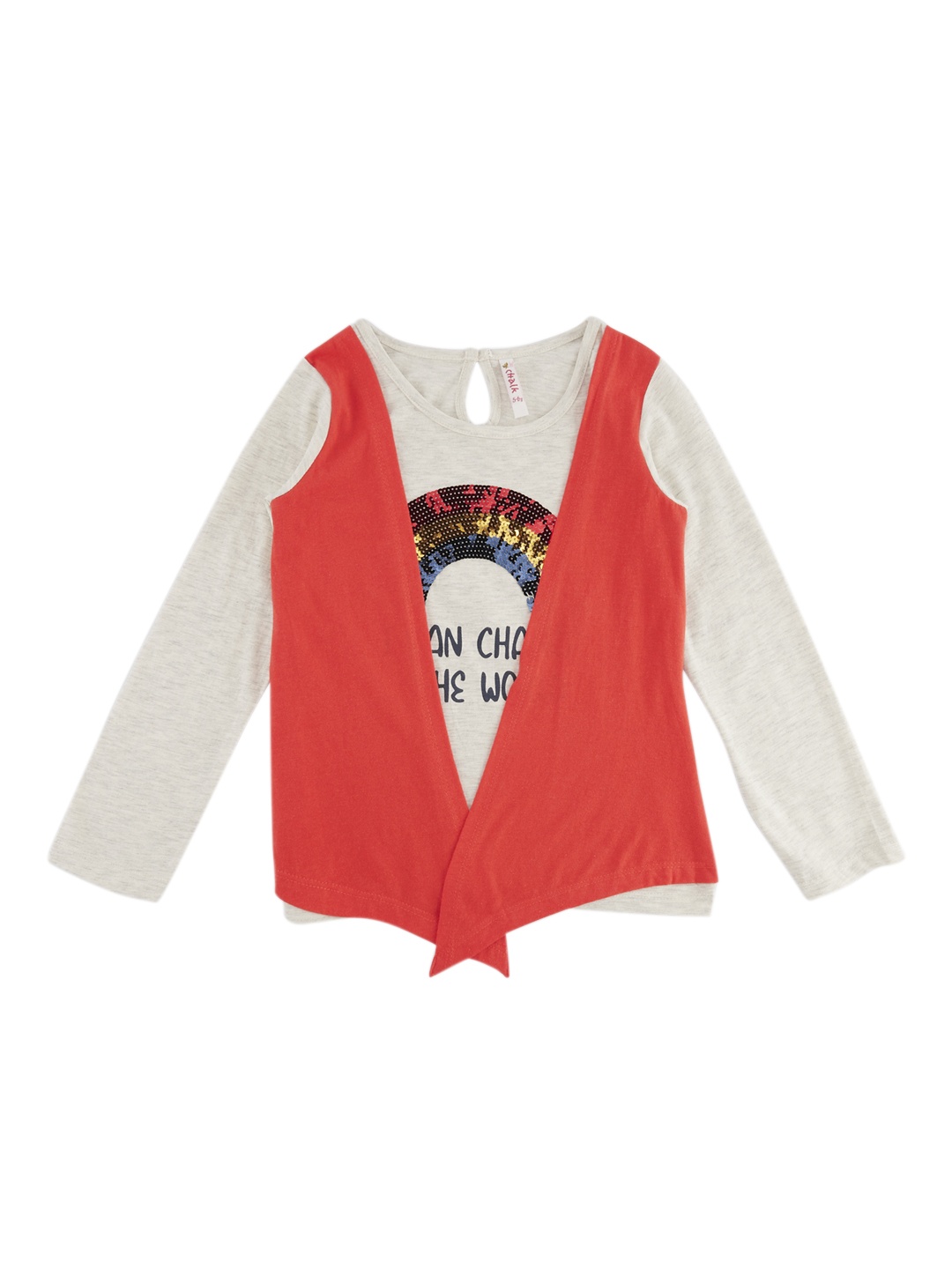 

CHALK by Pantaloons Girls Beige Red Printed Round Neck Pure Cotton T-shirt