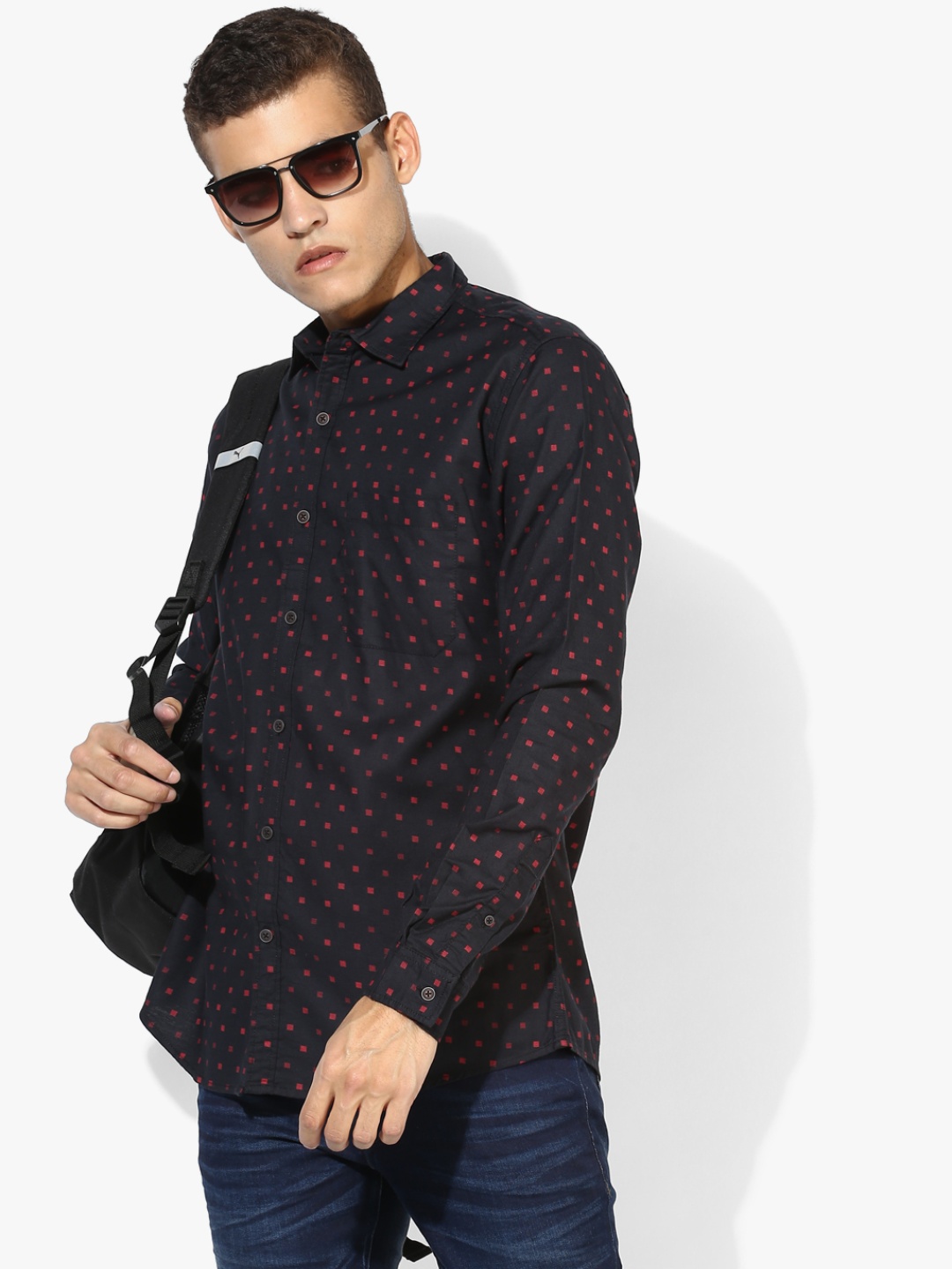 Navy Blue Printed Slim Fit Casual Shirt