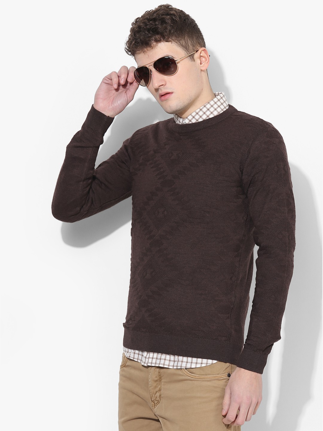 

V Dot Men Coffee Brown Self Design Round Neck Sweater