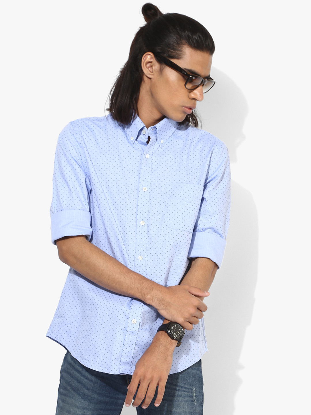 

Light Blue Printed Slim Fit Casual Shirt