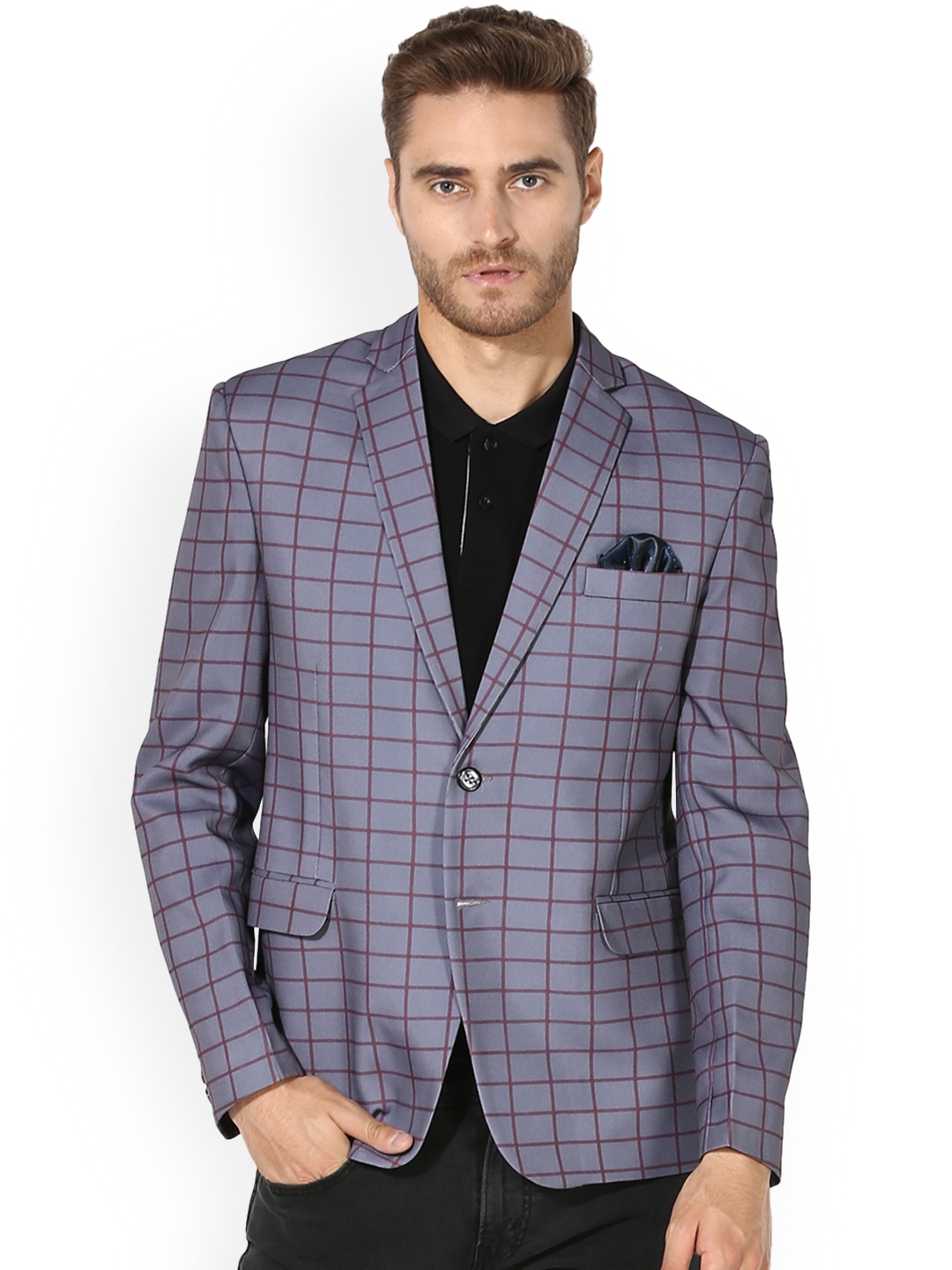 

Hangup Men Grey & Maroon Checked Single-Breasted Blazer