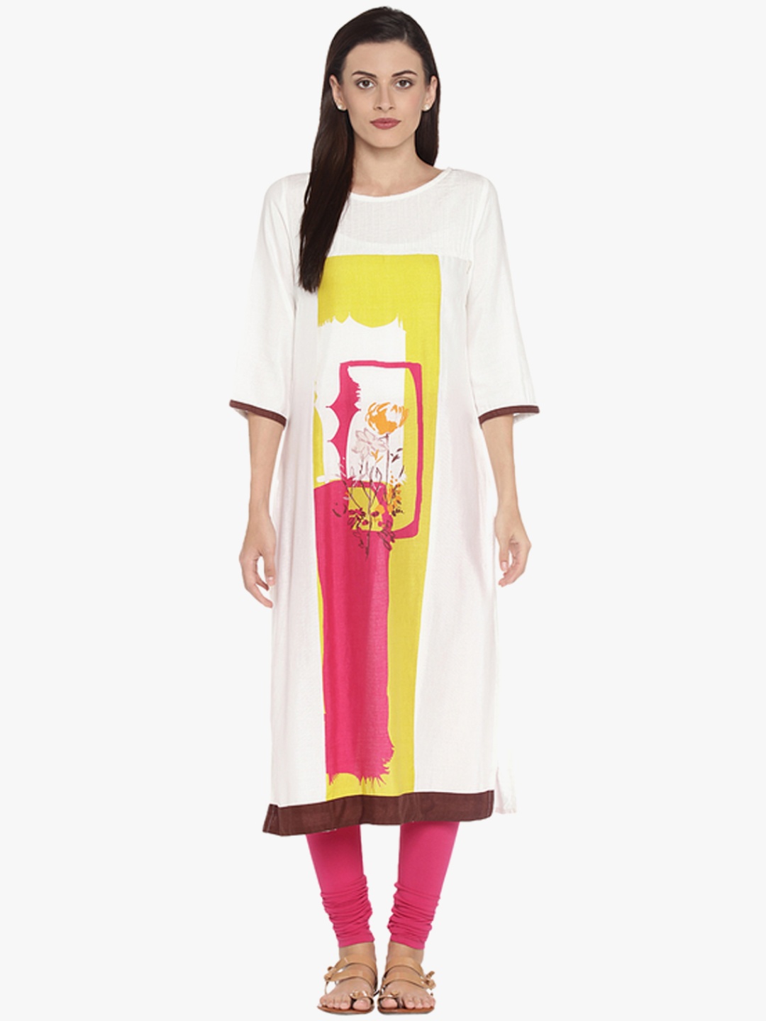 RANGMANCH BY PANTALOONS Women Off-White & Pink Printed Straight Kurta