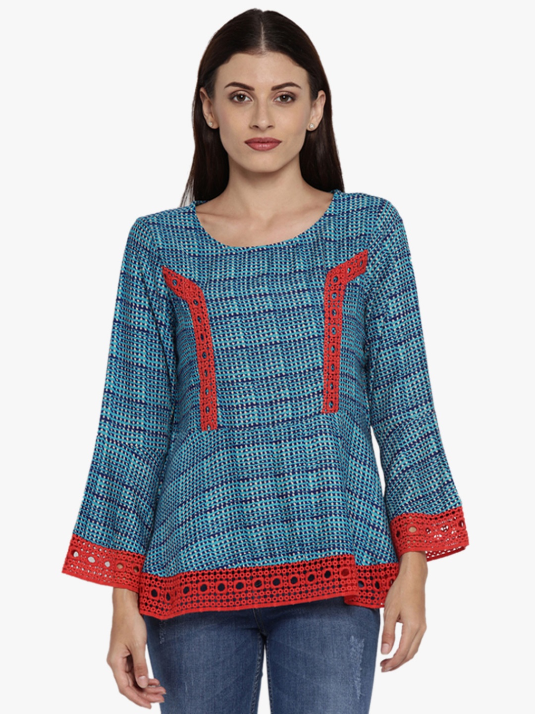 

AKKRITI BY PANTALOONS Women Blue & Off White Striped Printed Liva A-Line Top