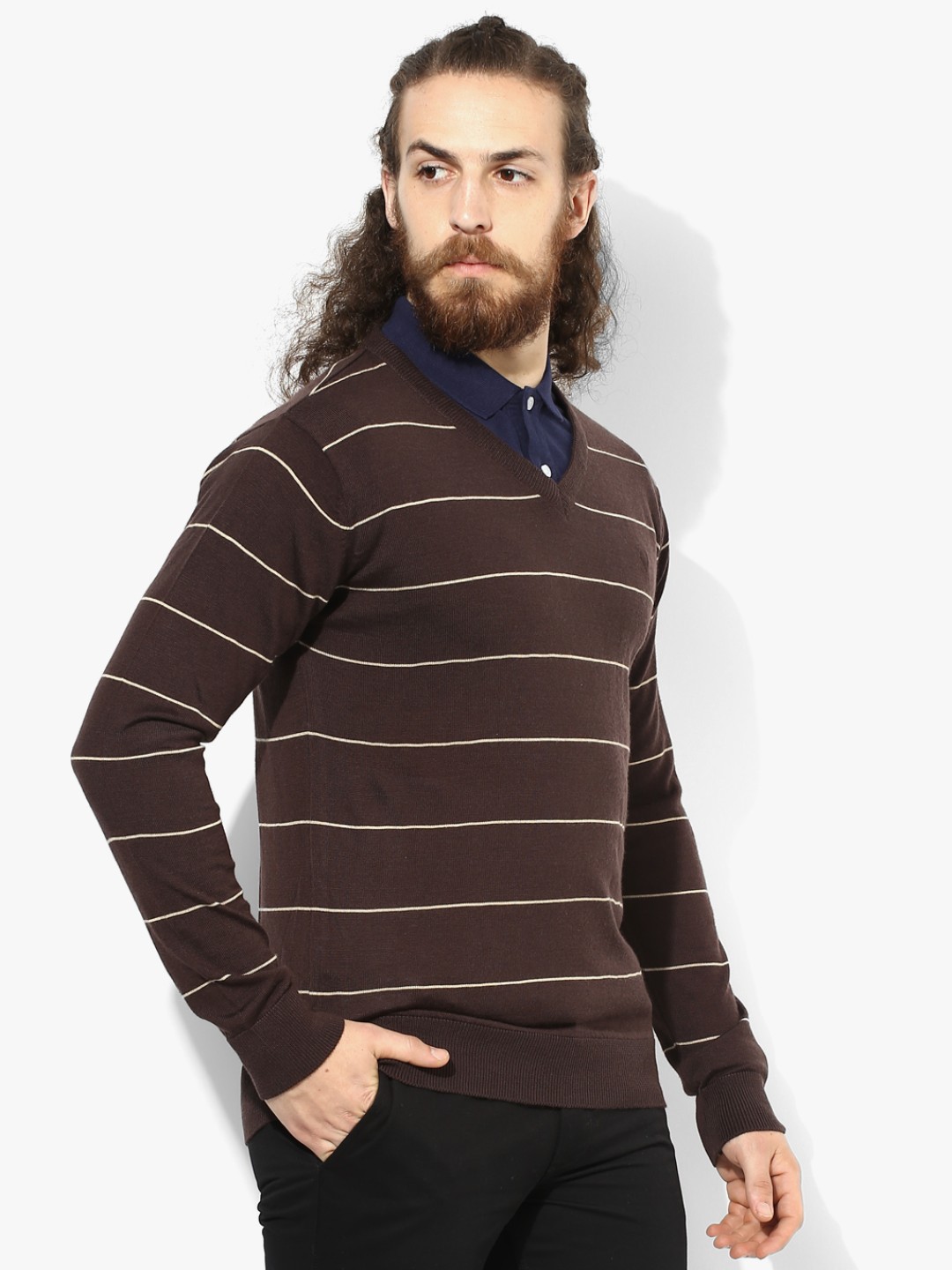 

Allen Solly Men Coffee Brown & Beige Striped Wool & Cashmere Blend Pullover