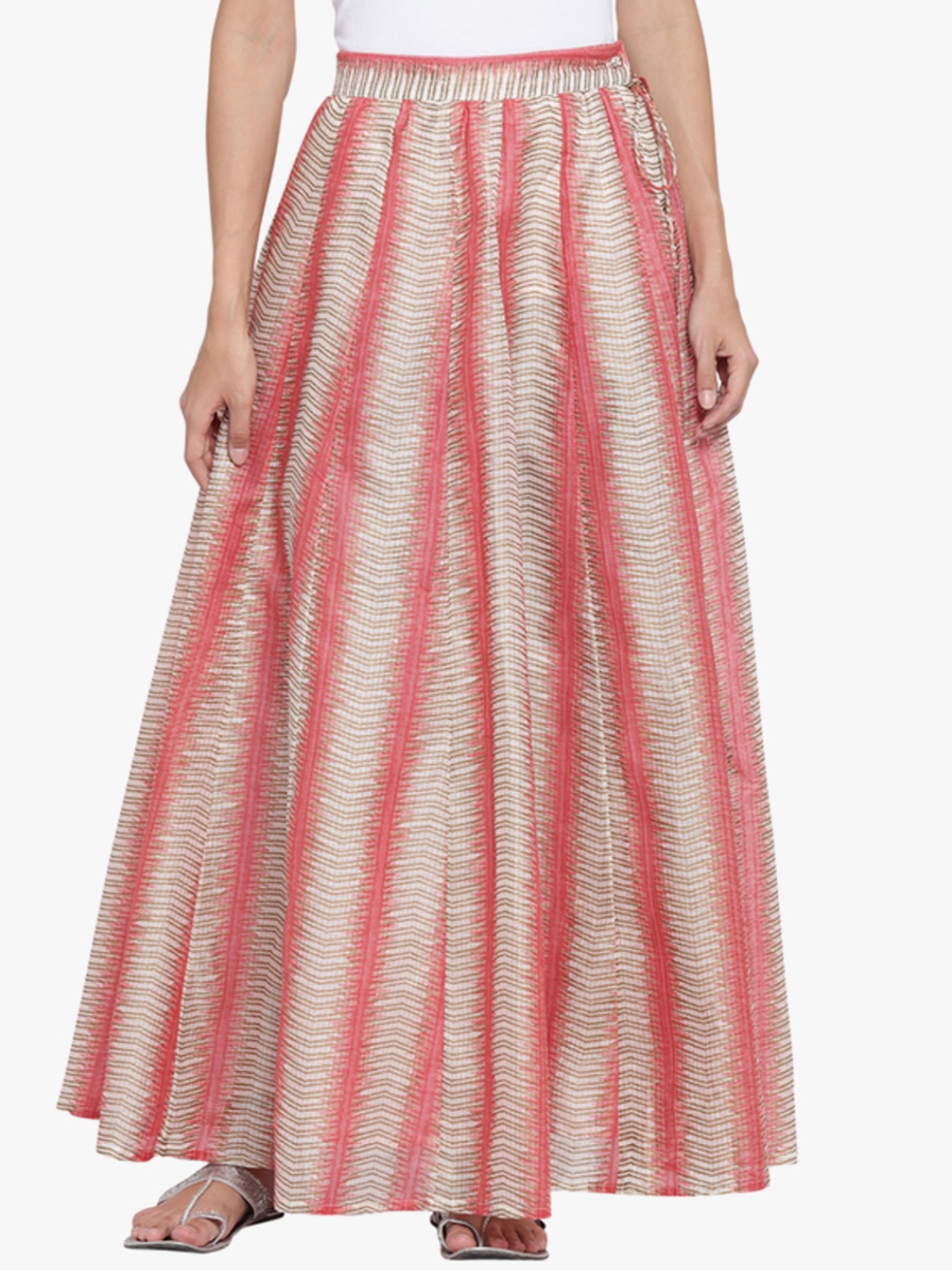 AKKRITI BY PANTALOONS Women Coral Pink & Beige Printed Maxi Flared Skirt