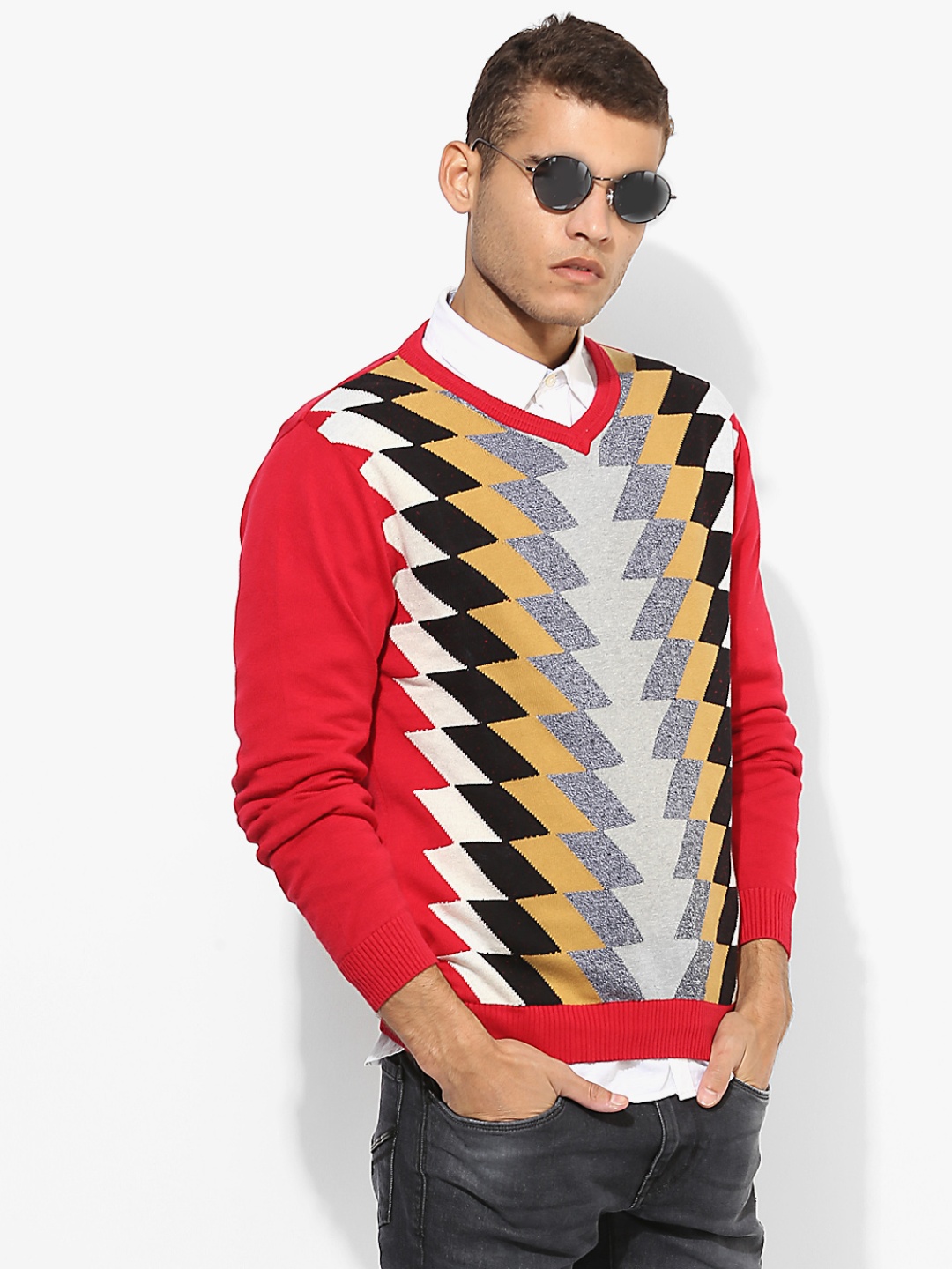 

Multicoloured Printed V Neck Sweater, Multi