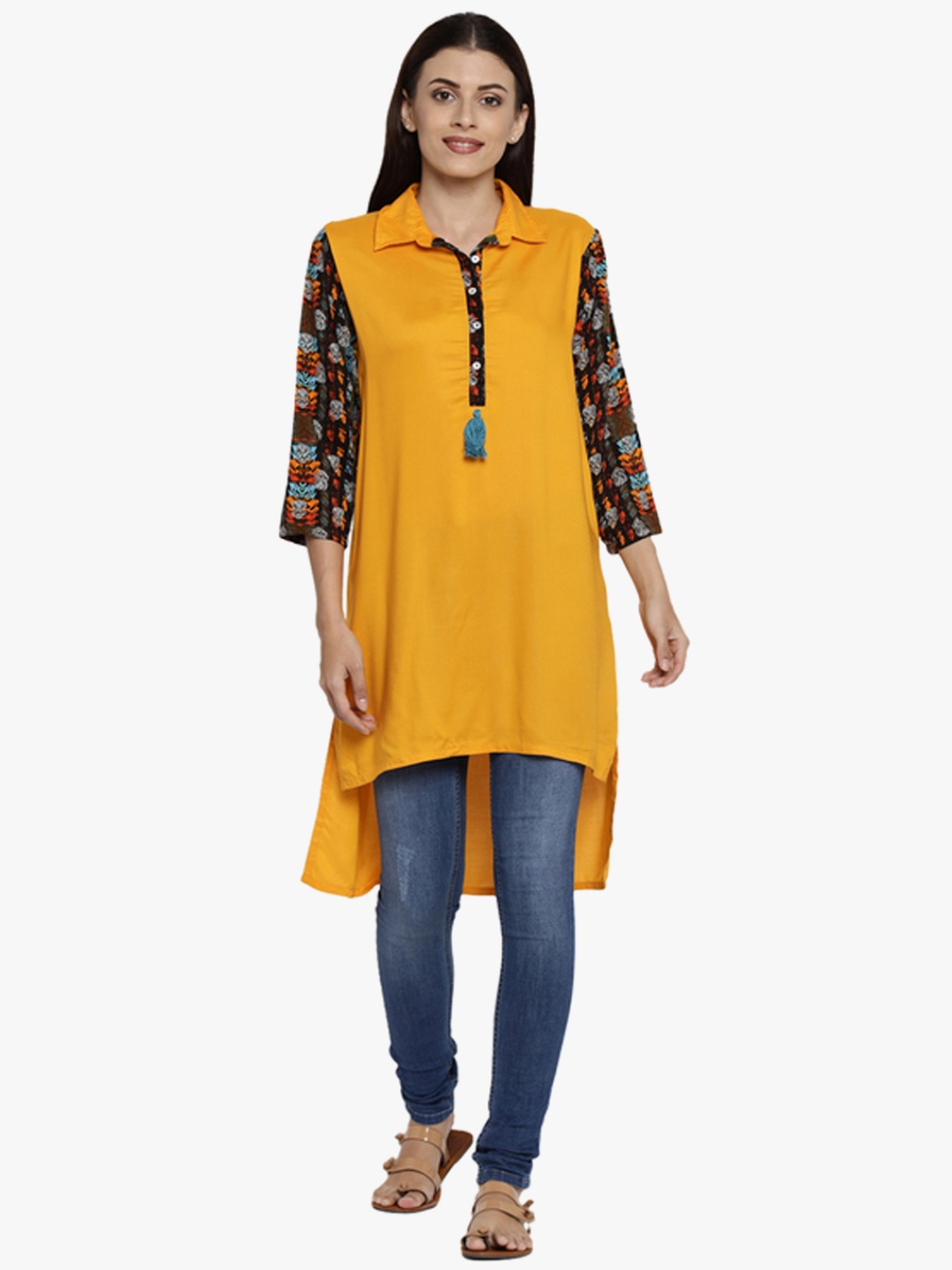 

AKKRITI BY PANTALOONS Women Yellow Printed Detail Tunic
