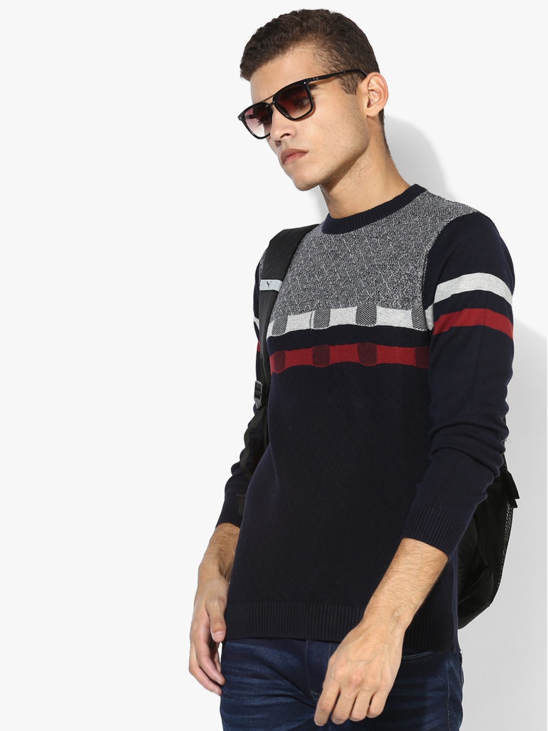 

Navy Blue Textured Round Neck Sweater