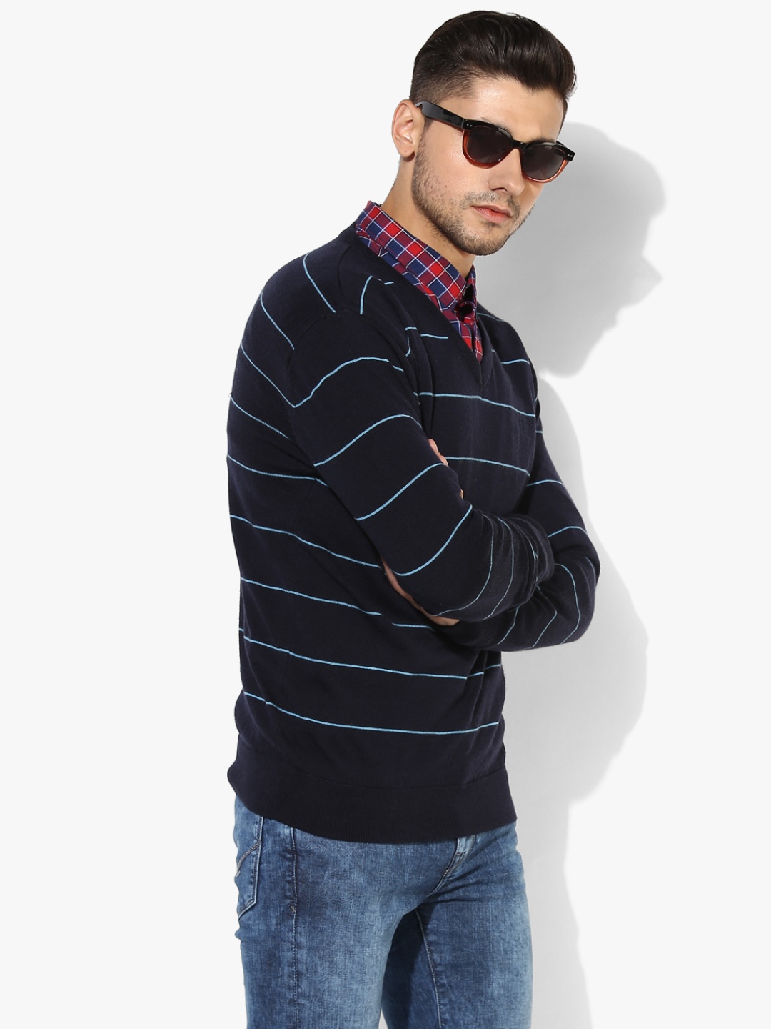 Allen Solly Men Navy Blue Striped Sweater