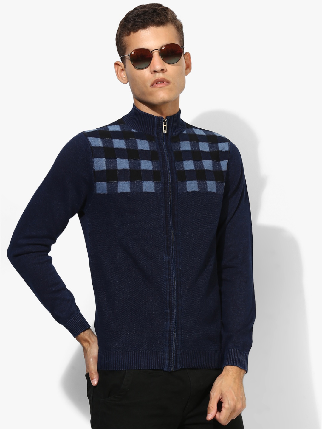

Navy Blue Checked High Neck Sweater