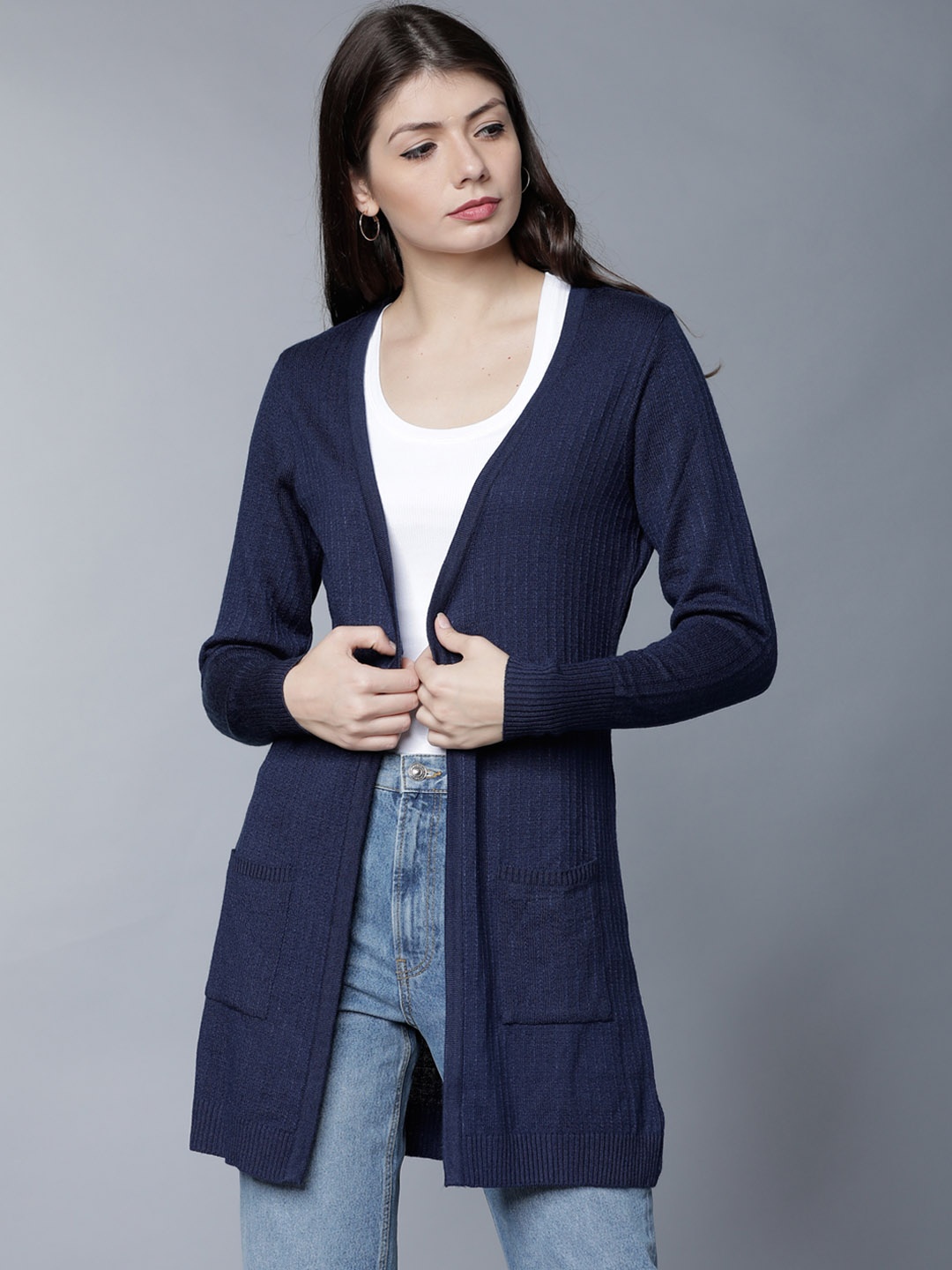 

Tokyo Talkies Women Blue Solid Front-Open