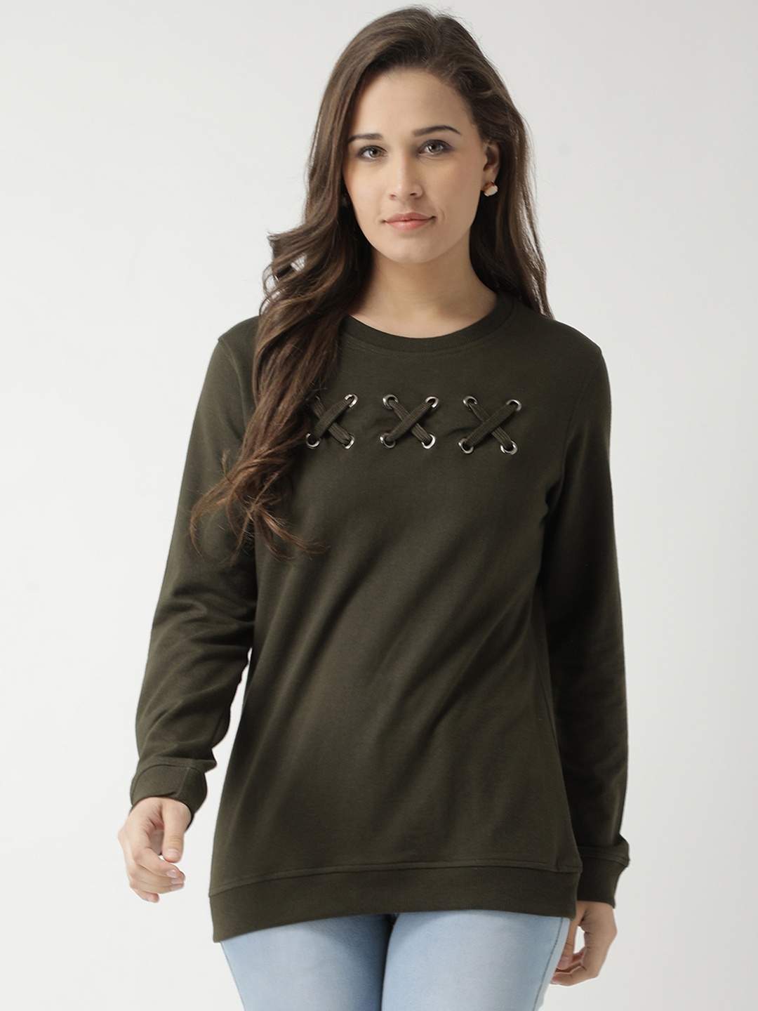 Club York Women Olive Green Solid Sweatshirt