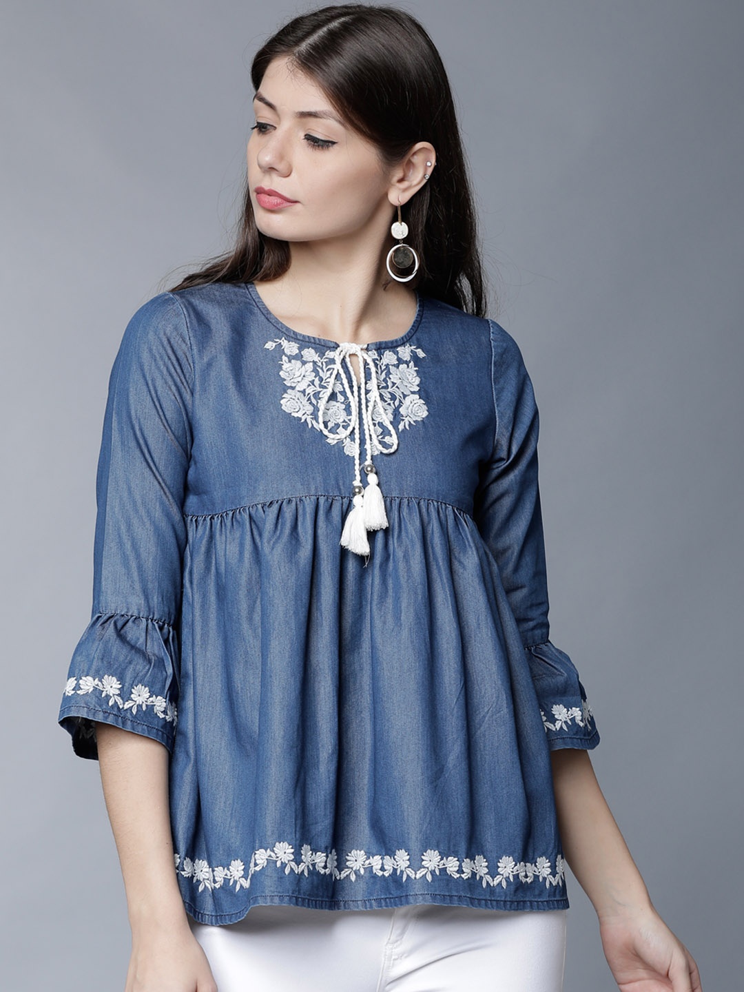 

Tokyo Talkies Women Blue Embroidered Denim Empire Pure Cotton Top