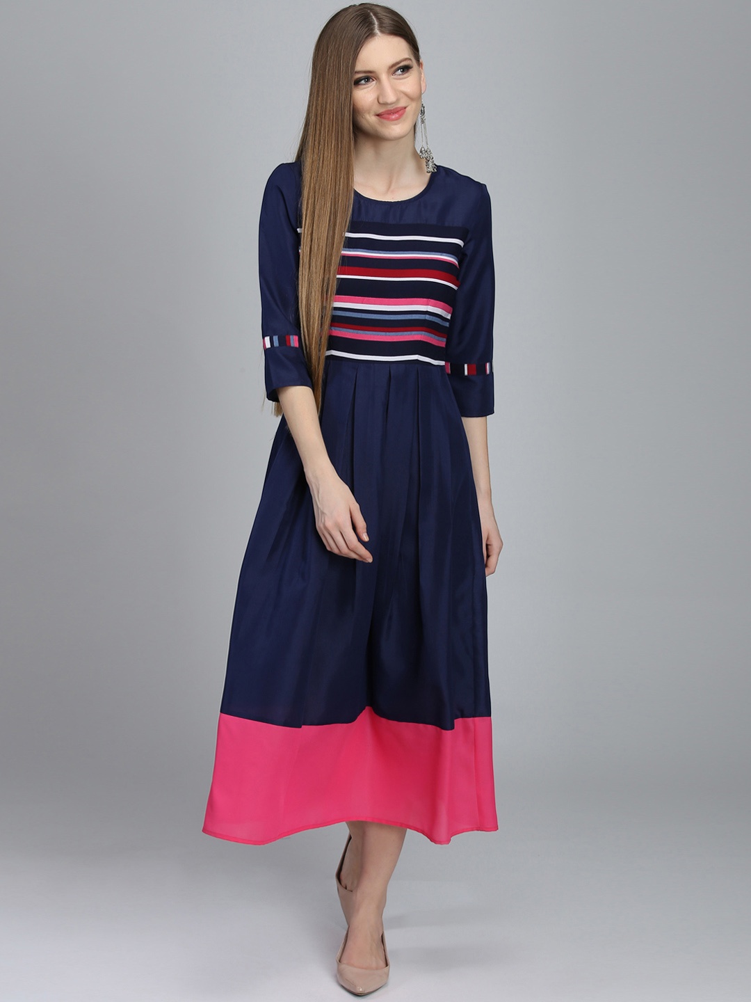 

DODO & MOA Women Navy Blue Striped Fit and Flare Dress