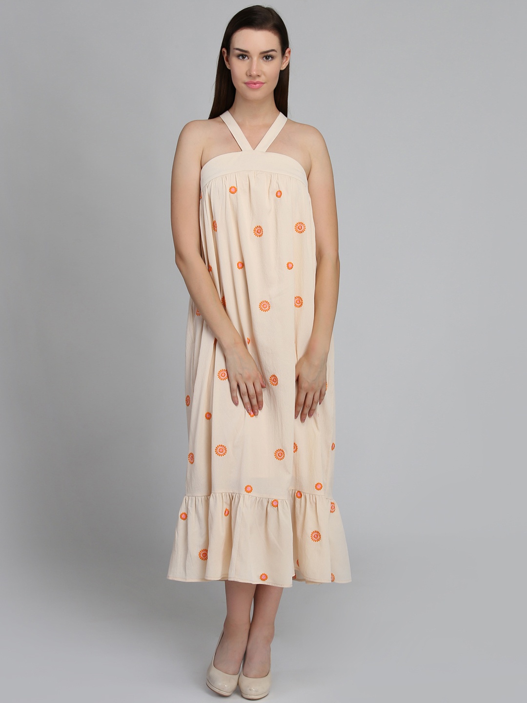 DODO & MOA Women Peach-Coloured Printed A-Line Dress