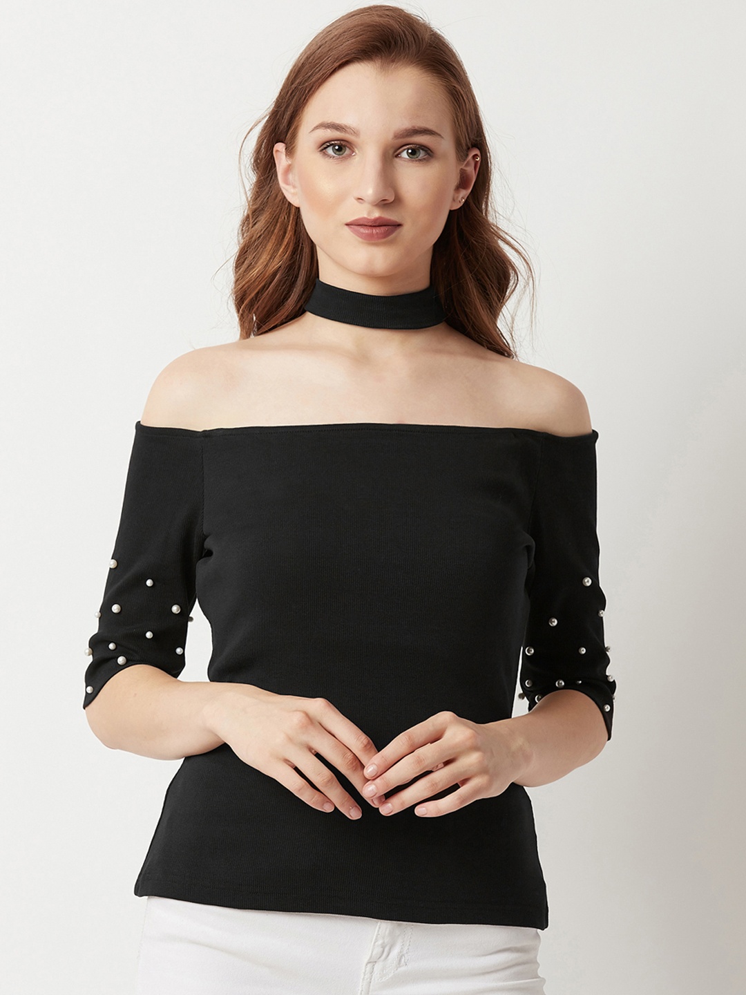 

Miss Chase Women Black Embellished Bardot Choker Neck Top