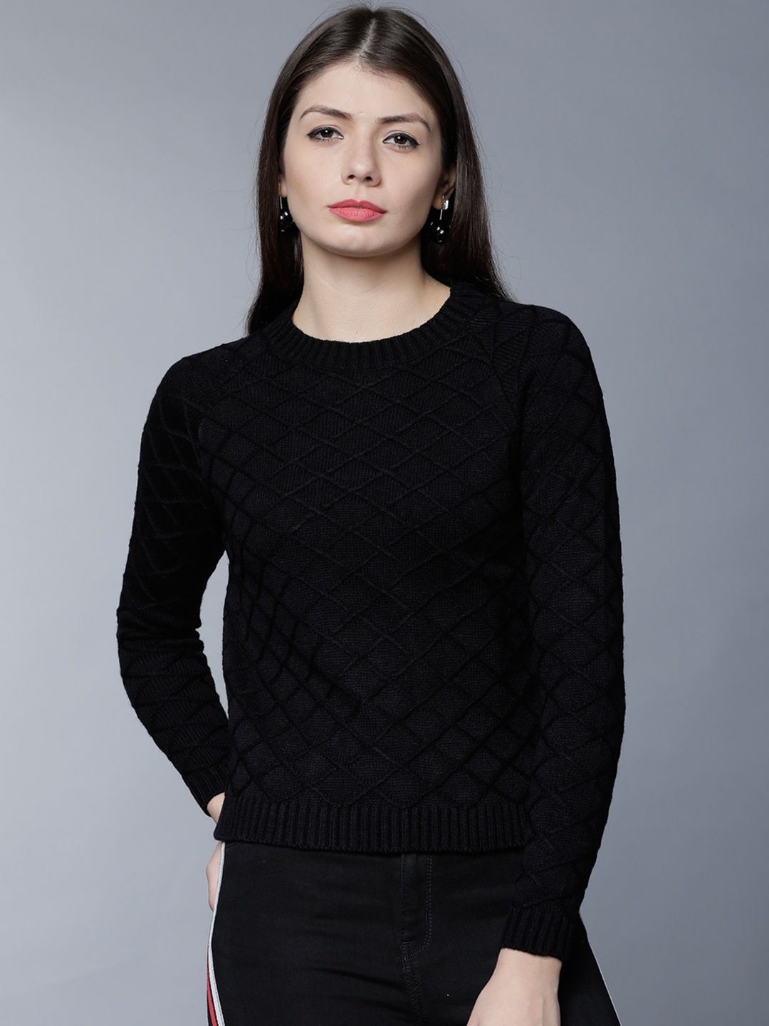 

Tokyo Talkies Women Black Self Design Pullover