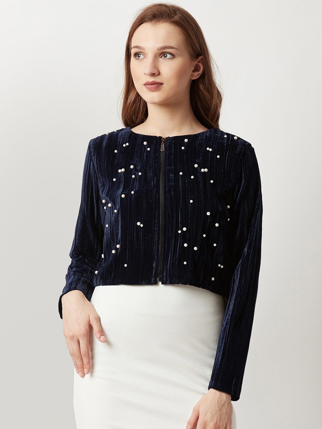 

Miss Chase Women Navy Blue Embellished Lightweight Tailored Jacket