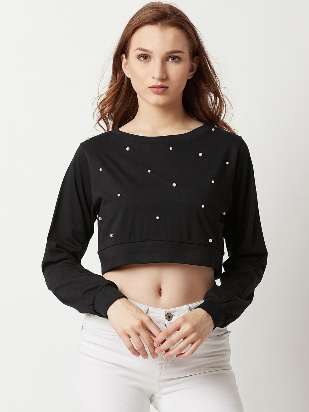 

Miss Chase Women Black Embellished Crop Pure Cotton Top