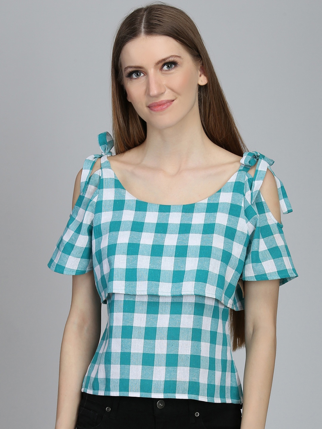 

DODO & MOA Women White Checked Pure Cotton Top