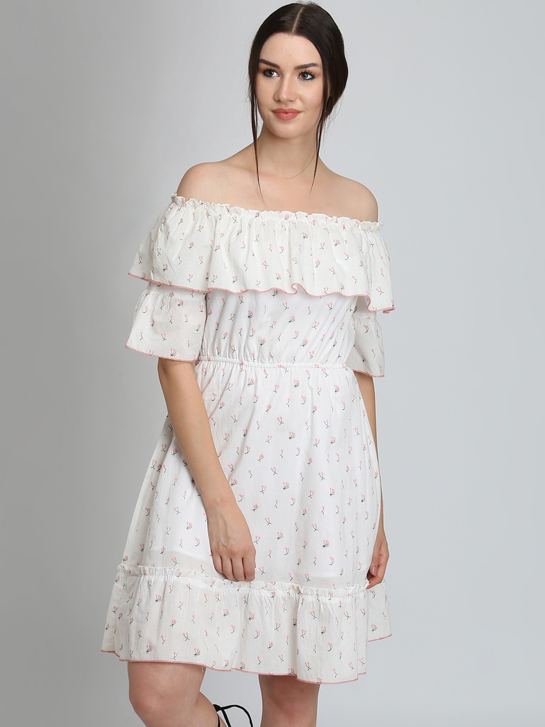 

DODO & MOA Women White Printed Off-Shoulder Blouson Dress