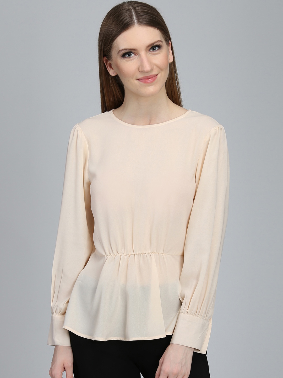 

DODO & MOA Women Peach-Coloured Solid Peplum Top