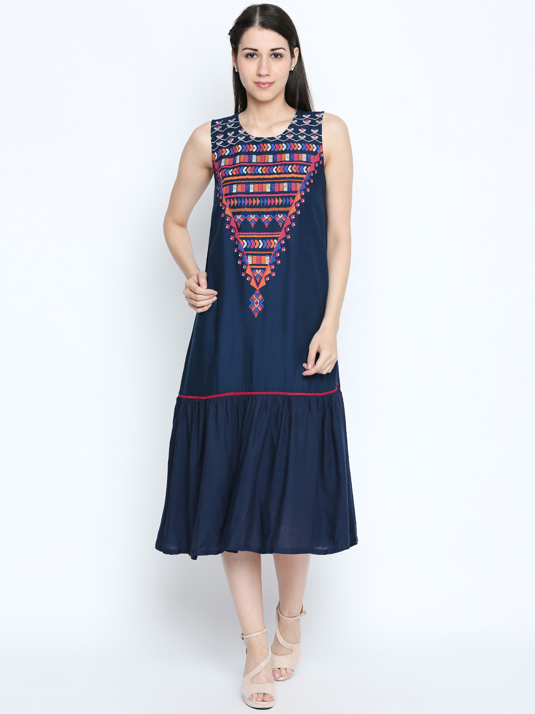 

AKKRITI BY PANTALOONS Women Blue Printed Drop-Waist Dress