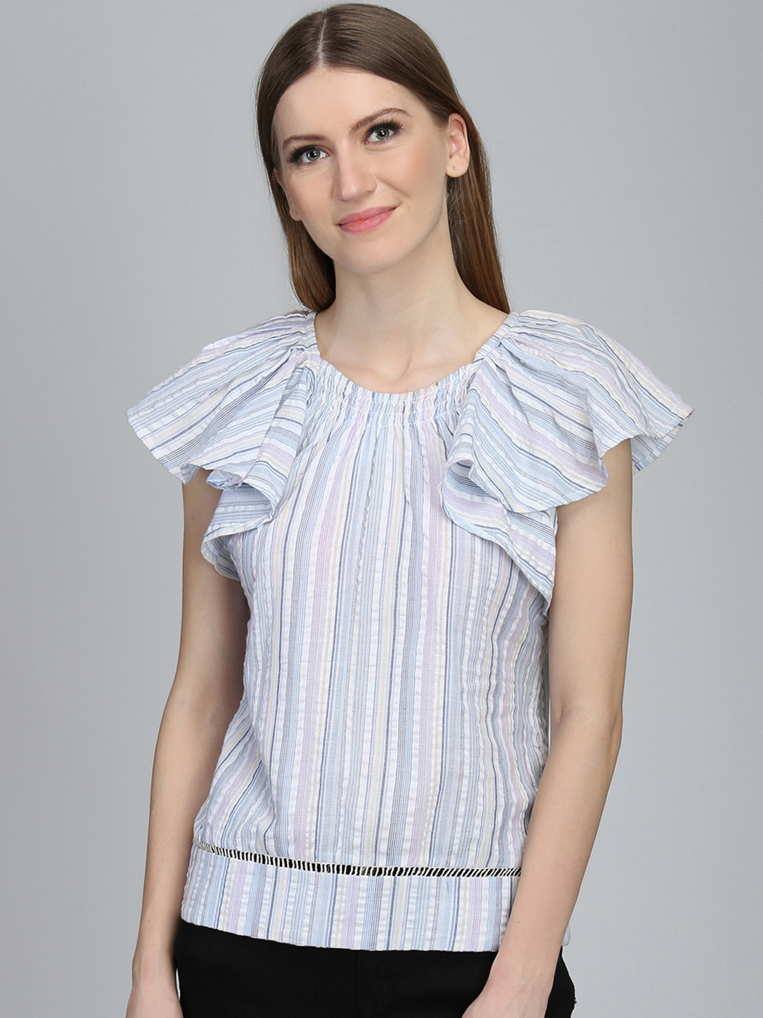 

DODO & MOA Women White Striped Pure Cotton Top