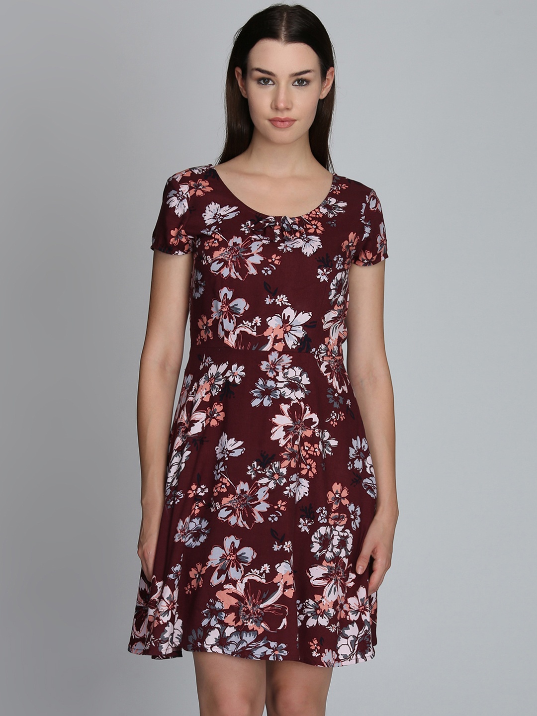 DODO & MOA Women Maroon Printed Fit and Flare Dress