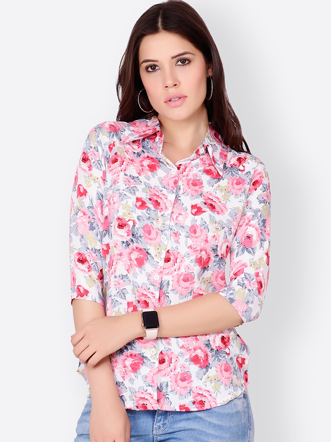 SCORPIUS Women White & Pink Regular Fit Printed Casual Shirt