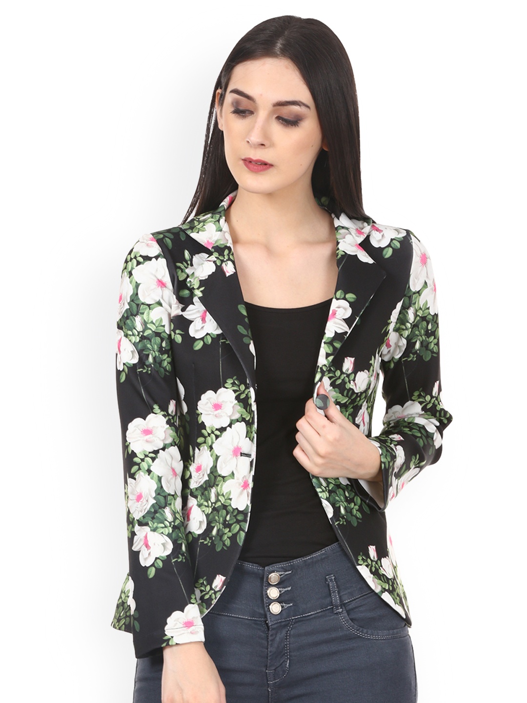 

Saadgi Women Black & White Printed Regular Fit Single-Breasted Casual Blazer