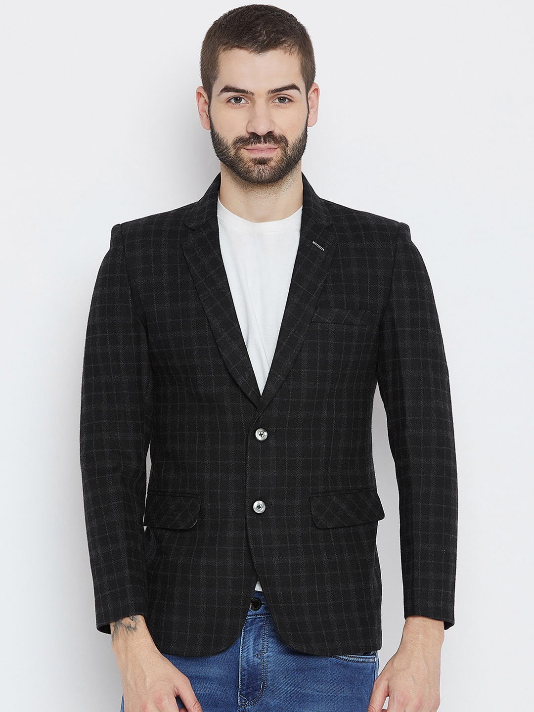 Duke Men Black Checked Single-Breasted Casual Blazers