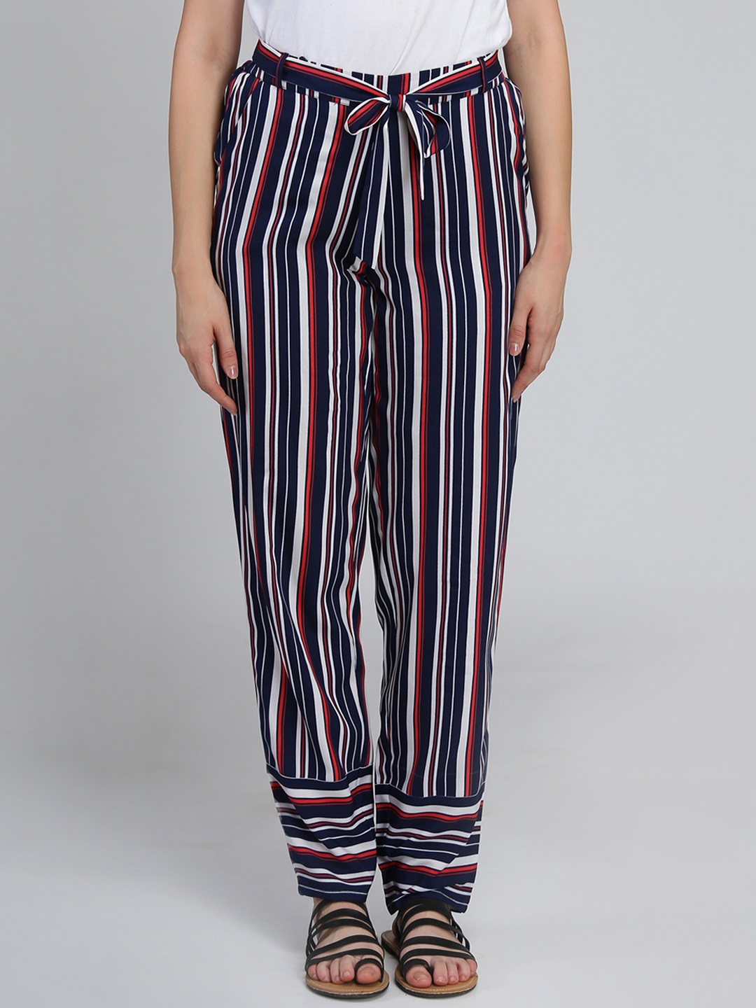 DODO & MOA Women Navy Blue Regular Fit Striped Trousers