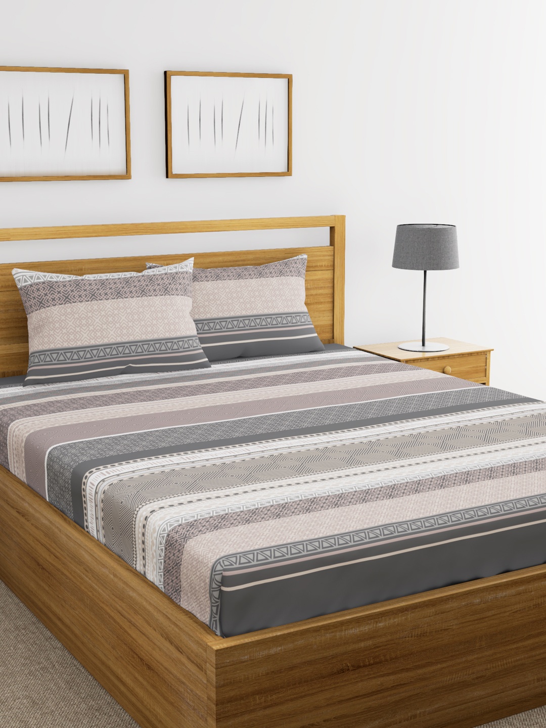 

BIANCA Grey & Beige Abstract Flat 180 TC Cotton 1 King Bedsheet with 2 Pillow Covers