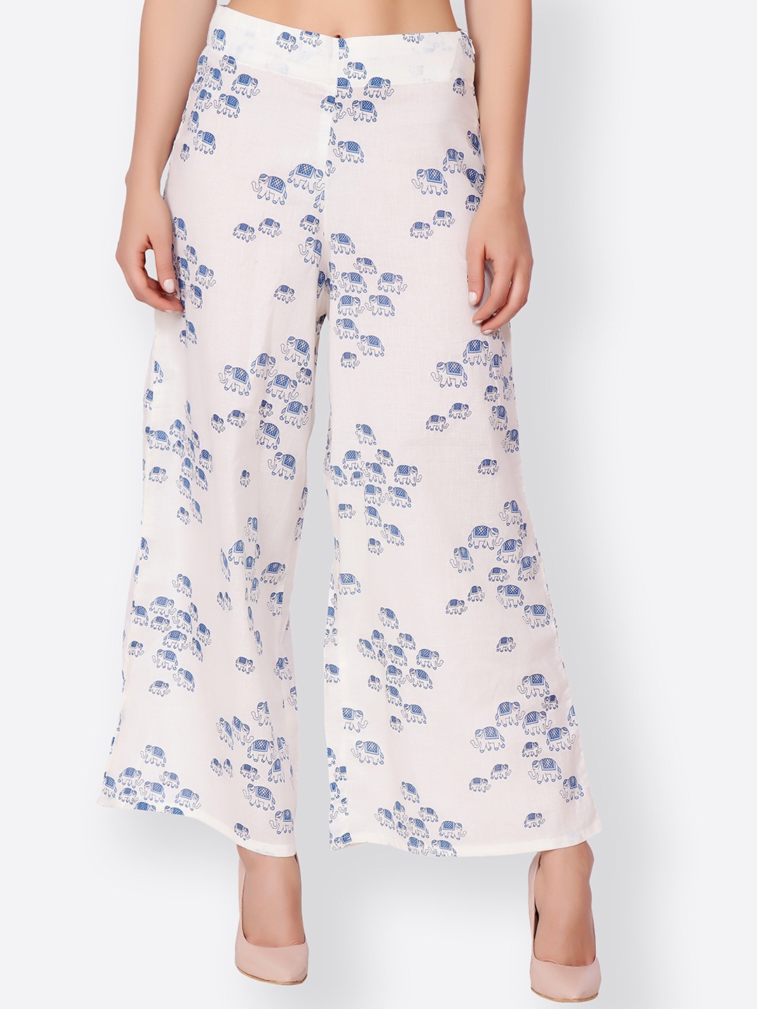 

SCORPIUS Women Off-White & Blue Printed Wide Leg Palazzos