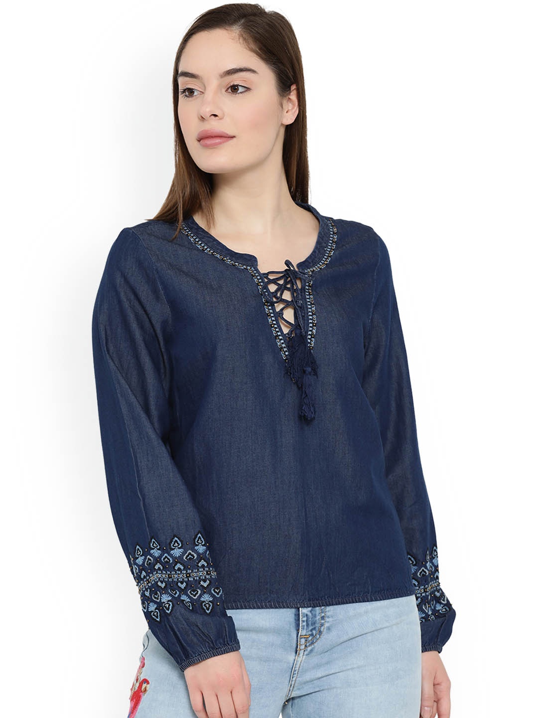 

Aeropostale Women Blue Solid Pure Cotton Top