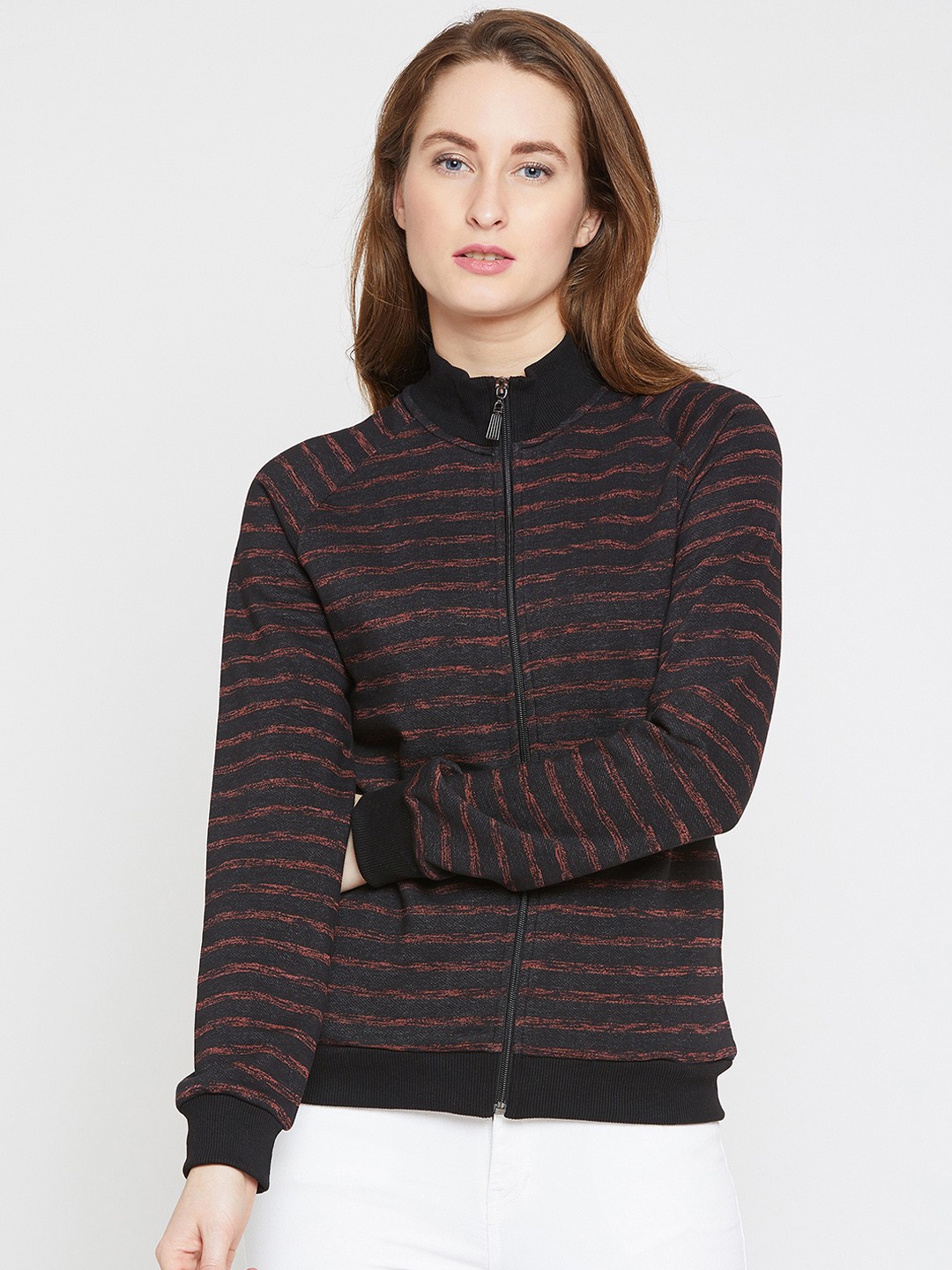 

RARE Women Black & Rust Orange Striped Sweatshirt