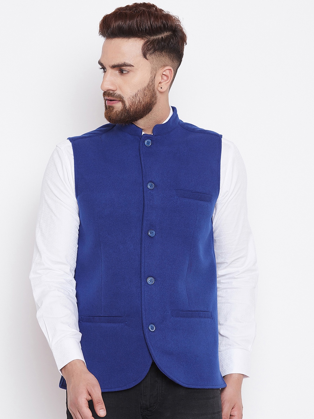 

even Men Solid Blue Corduroy Nehru Jacket