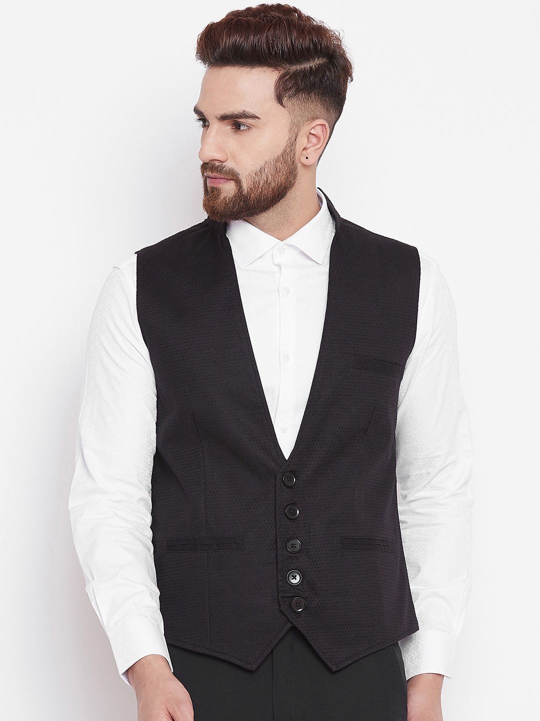 

even Men Solid Black Nehru Jacket