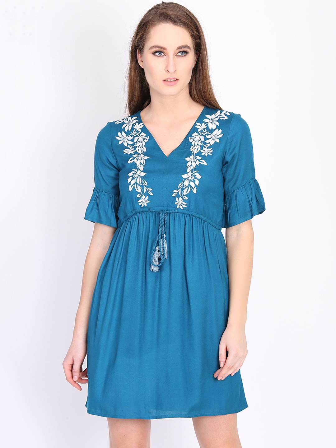 

DODO & MOA Women Teal Blue Printed Fit and Flare Dress
